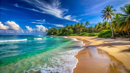 Serene tropical coastline featuring a tranquil shore with calm ocean waves, powdery sand, and a vibrant blue cloudless sky.