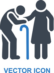 Elderly assisted walking with cane icon