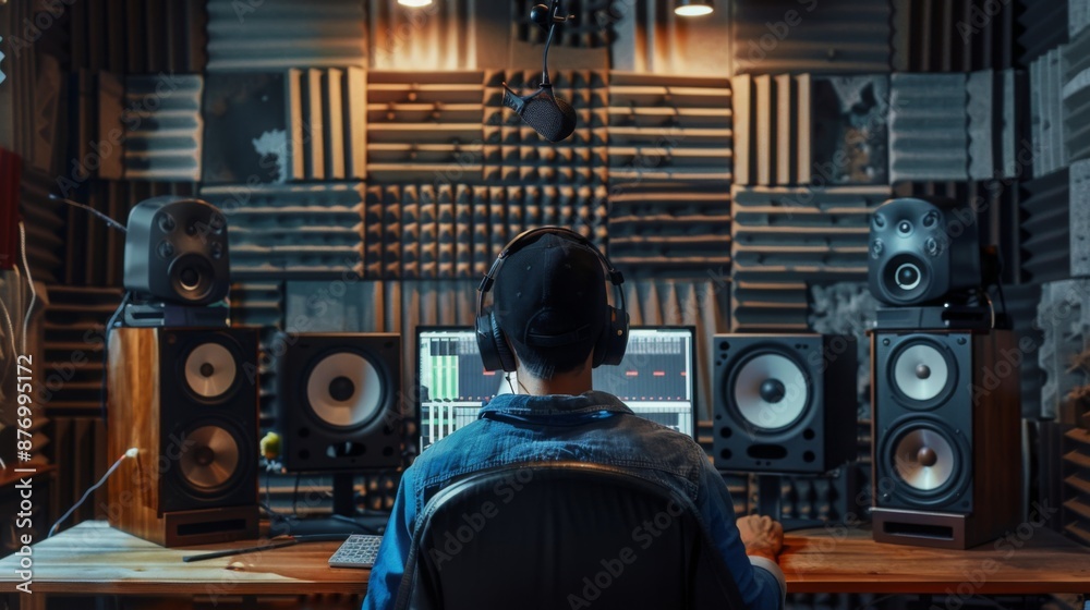 Poster a man wearing headphones sits in front of a computer, mixing audio in a soundproof studio with acous