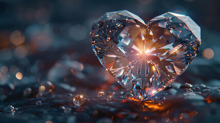 Fototapeta premium A dazzling, heart-shaped diamond capturing the light from all angles, set against a dark background.
