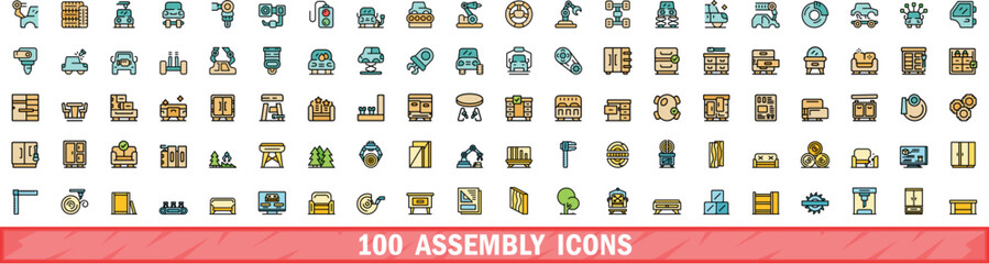 100 assembly icons set. Color line set of assembly vector icons thin line color flat on white