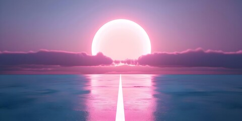 Retro 80s-style Neon Synthwave Background with Digital Clouds and Highway Leading to the Moon. Concept Retro 80s, Neon Synthwave, Digital Clouds, Moon Highway, Colorful Lights