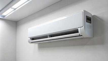 Modern sleek air conditioning unit with high-tech digital display mounted on a clean white wall in a minimalist interior.
