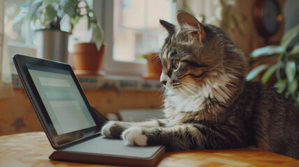 Cat using laptop. Cute tabby cat working on a laptop computer.