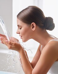 Naklejka premium Beautiful African Woman washing her Face with Clean Water - Hygiene and Selfcare during the Day - Drinking Clean Mineral Water - Female Splashing Water in her Face in Bathroom - Removing Make-up
