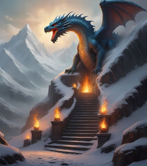 Dragon guarding a staircase leading up a snow-covered mountain.
