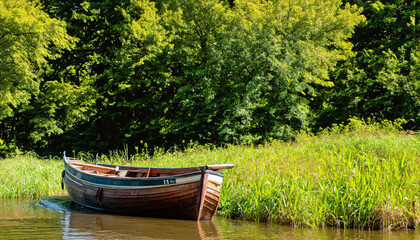 Barque en bois sur une rivi&egrave;re bord&eacute;e d'arbres verdoyants.