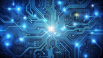 Modern electronic technology background featuring a complex circuit board with intricate pathways and components on a light dark blue tone.