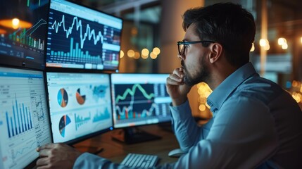 A stock analyst reviewing multiple stock graphs on a computer screen with detailed data.