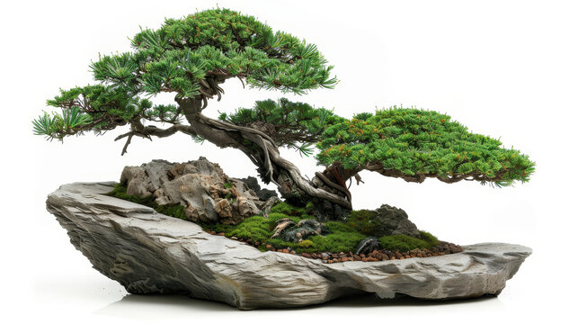 A Masterpiece of Nature: A Professionally Grown Bonsai Tree Stands Proud on a White Background, Embodying the Beauty and Patience of This Ancient Art Form