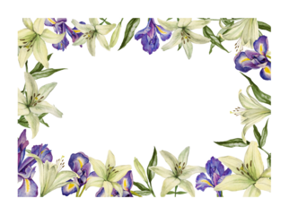 Beautiful  frame with white lily flowers, blue iris and green leaves. Border for wedding invitations, cards, stickers, prints and other decor.