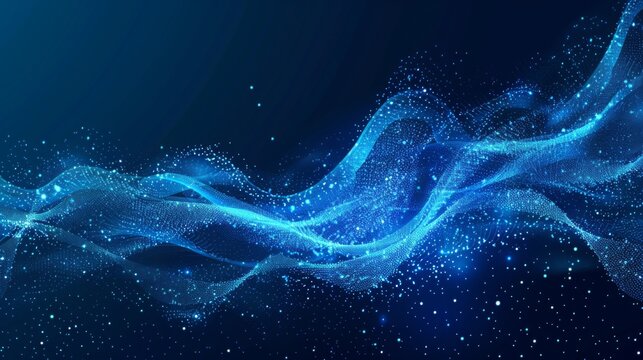 Abstract waves of blue light in a dynamic flow on a dark background with sparkling particles creating a sense of motion and energy in the digital art.