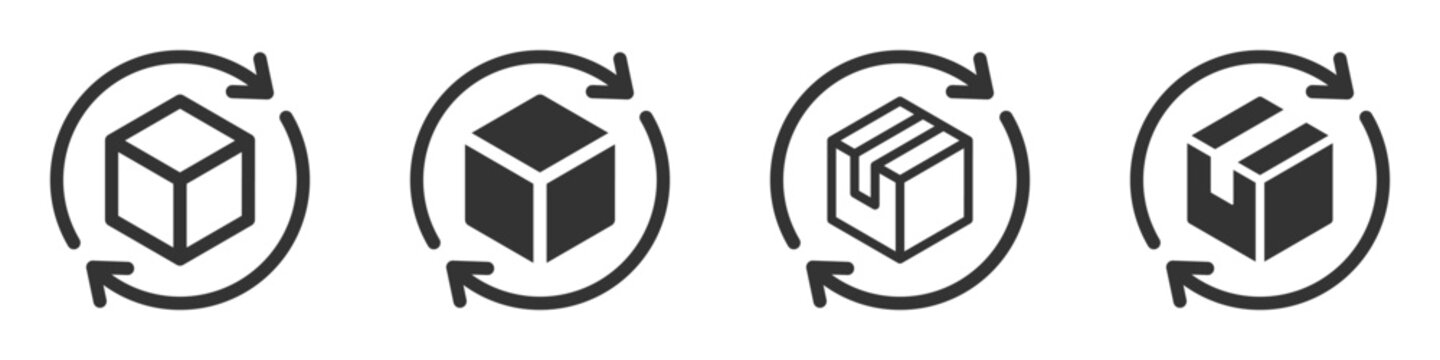 Vector illustration of four recycling and package return icons with boxes and circular arrows. Perfect for logistics, e-commerce, and sustainability themes.