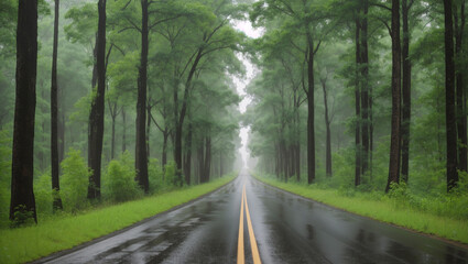 Obraz premium A long, straight road through a forest at sunset with the sun shining brightly. The road is paved and there are trees lining each side.