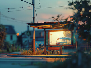 An image of an evening bus stop and an illuminated electronic display