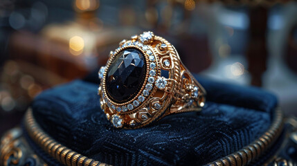 A royal gold ring adorned with a large black onyx and intricate diamond accents, exuding regal elegance, placed on a dark blue velvet cushion.