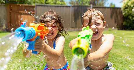 Two kids having fun in the backyard on a sunny summer day, joyfully playing with colorful water guns