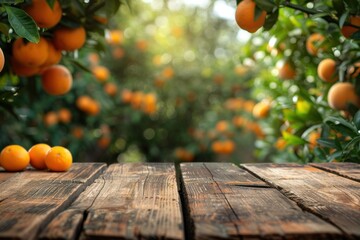 old wooden boards table copy space with orange citrus trees in background, some ripe fruit on desk