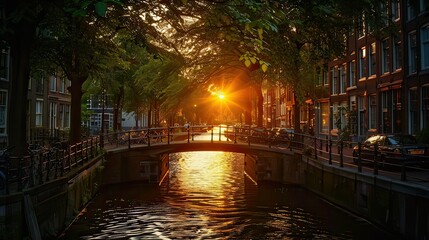 Fototapeta premium Bridge over an Amsterdam Canal in sunset. 