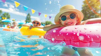 Happy, smiling children in sunglasses and hat swimming in floating rings in swimming pool. Outdoor pool under sun clear sky