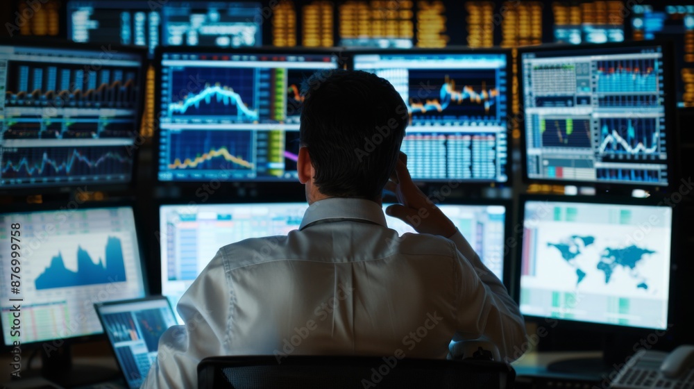 Leinwandbilder A trader monitoring real-time financial graphs on multiple screens in a trading room.