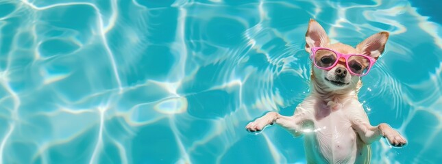 Small purebred Chihuahua floating on its back in clear blue pool, wearing stylish pink sunglasses. Relaxed and positive pet
