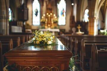 Eternal Farewell, Solemn funeral ceremony with a coffin in a serene church setting