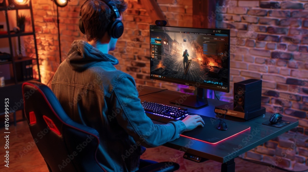 Aufkleber A person plays a video game on a computer with a large monitor in a room with a brick wall. The gamer is wearing headphones and using a keyboard and mouse.