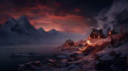 This serene image features a quaint, tranquil village by a snowy lake, surrounded by majestic mountains at dusk, with cozy cabins subtly illuminated by warm lights.