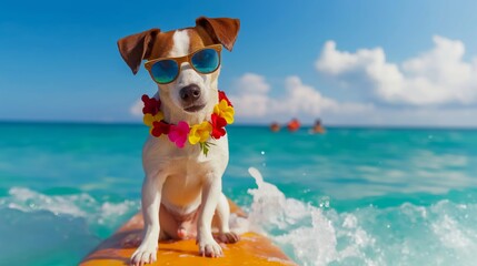 A dog is wearing sunglasses and a flower crown while sitting on a surfboard in the ocean. The scene is bright and cheerful, with the dog looking happy and relaxed
