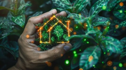 Green home concept hand. Hand holding a glowing house shape made of plants, symbolizing sustainable living and eco-friendly housing.