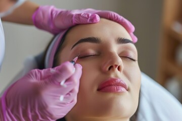 Fight against wrinkles, visit beauty doctor, anti-aging concept - Close up of woman gets beauty facial botox