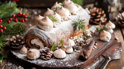 a Yule log cake, decorated with meringue mushrooms and powdered sugar, set against a rustic wooden table with holly and evergreen branches