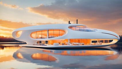 A modern, white, futuristic house is floating on a lake with a sunset in the background.

