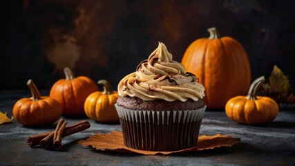 Pumpkin cupcake with cream top on background of yellow pumpkins