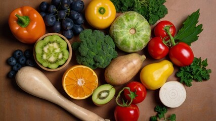 Vegetables and fruits on the table, top view