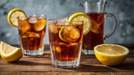 Tea with lemon slices in a cup and with whole lemons on a background on a wooden table