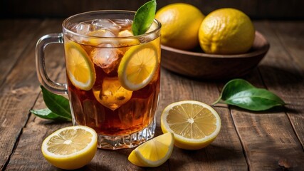 Tea with lemon slices in a cup and with whole lemons on a background on a wooden table