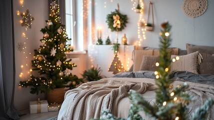 Christmas trees in pots in the interior decor of the bedroom of a cozy scandinavian style house