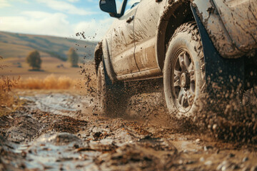 Close-up of a muddy car wheel in action off-road.