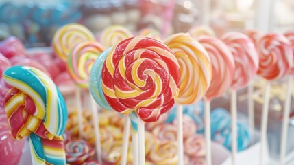 A variety of lollipops in different flavors and shapes displayed at a candy store.