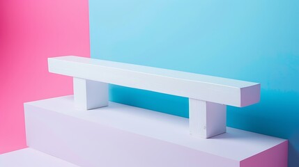 Close up of white seesaw mock up leaning to the right side isolated on pink and blue background