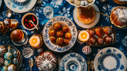 a festive Hanukkah table, featuring latkes, sufganiyot (jelly donuts), and a menorah with lit candles, set on a blue and white tablecloth with dreidels