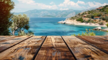 Fototapeta premium Wooden Tabletop With Ocean View