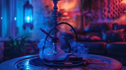 Close up photo of hookah with tube at the round table