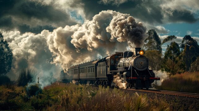 A vintage steam locomotive chugging along a scenic countryside railway, emitting billowing white smoke.