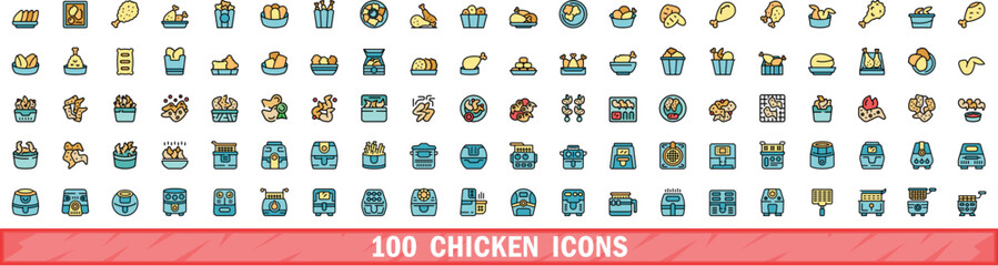 100 chicken icons set. Color line set of chicken vector icons thin line color flat on white