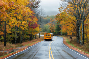 School bus driving on a wet road through autumn foliage.
