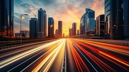 Fototapeta premium Urban Highway at Sunset with Blurry Lights