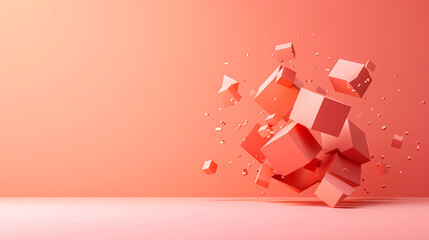Minimal 3D render of a fragmented cube on a solid peach background.